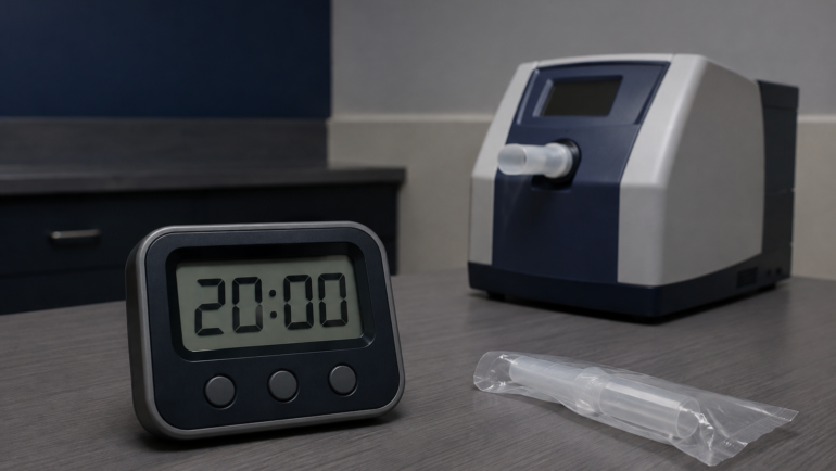 Digital timer displaying 20:00 beside a breath-testing instrument and packaged mouthpiece