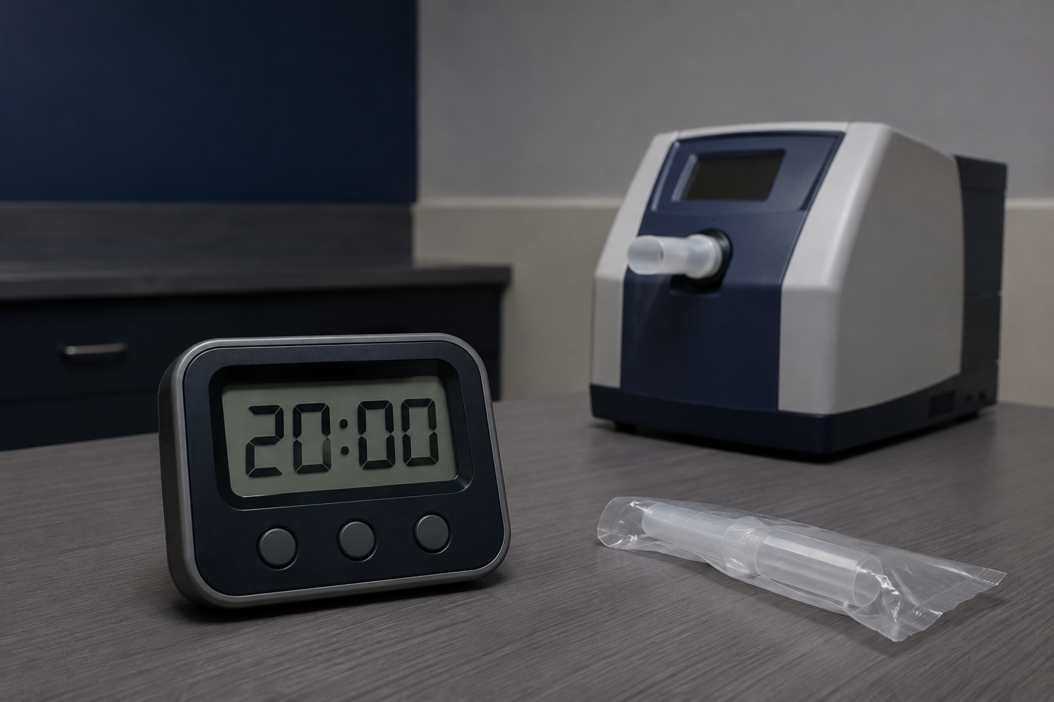 Digital timer displaying 20:00 beside a breath-testing instrument and packaged mouthpiece